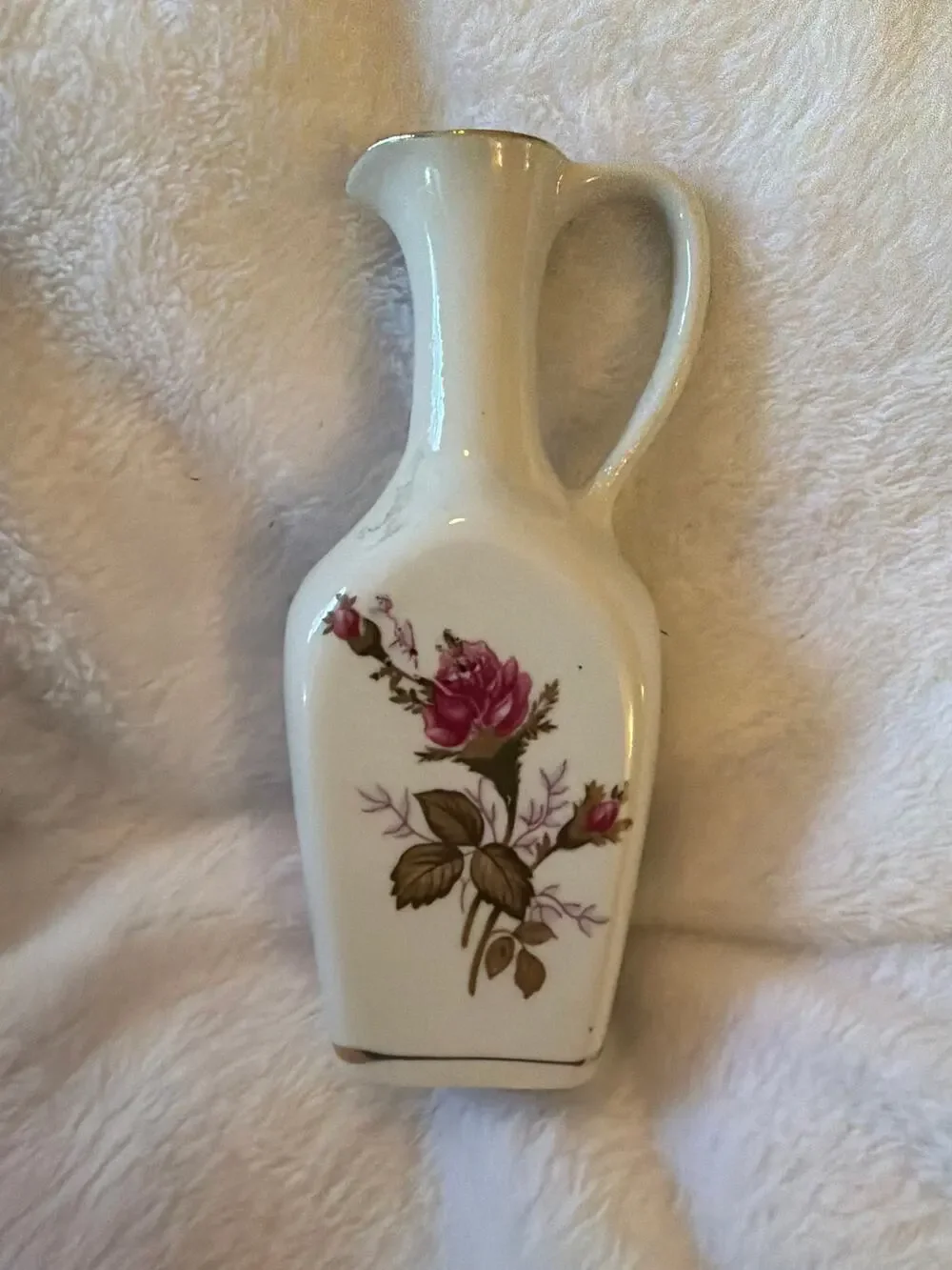 Vintage Porcelain Bud Vase Mini Pitcher Pink Rose Floral Gold Trim 6